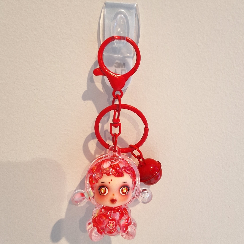 Skullpanda Red Beaded Liquid Filled Shaker Keychain Bag Charm With Bell, NEW